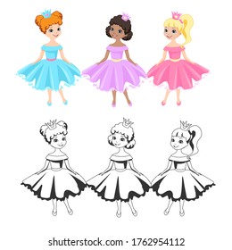Beautiful princess in a crown and a puffy dress and outlined picture for coloring book on white background. Cute little fairy girl. Vector illustration.
