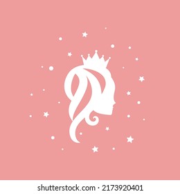Beautiful princess with crown, stars and tinsel. Women's elegant silhouette with beautifull hairstyle. Female face in profile. Magic fairytale logo isolated on pink. 