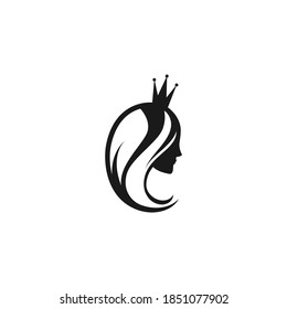 Beautiful princess with crown. Women's elegant silhouette with beautifull hairstyle. Female face in profile. Magic fairytale logo. 