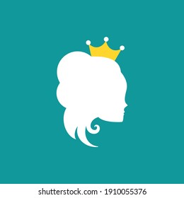 Beautiful princess with crown. Women's elegant silhouette with beautifull hairstyle. Female face in profile. Magic fairytale logo. 
