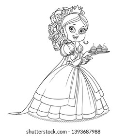 Beautiful princess with cupcakes on a plate outlined for coloring book isolated on white background