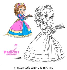 Beautiful princess with cupcakes on a plate color and outlined for coloring book isolated on white background