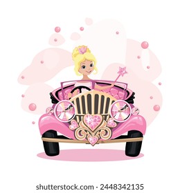 A beautiful princess driving a pink car decorated with heart-shaped jewels. Fairy tale vector illustration on abstract pink background.