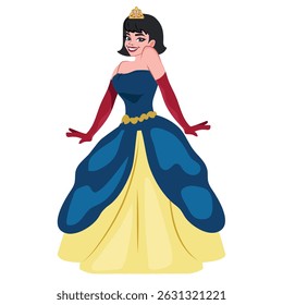 Uma bela princesa com pele clara, vestindo um vestido azul e amarelo, ilustrado em um estilo charmoso vetor de desenhos animados.