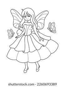 Beautiful princess fairy with butterfly coloring page illustration