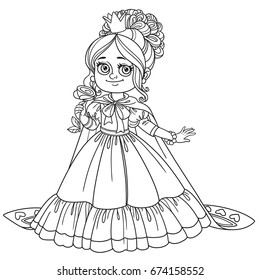 Beautiful princess with a flower in her hand and a long cloak outlined for coloring book isolated on white background
