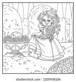 Beautiful princess with flowers in hair and the hem of the dress in palace park with topiary and flowers outlined for coloring