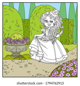 Beautiful princess with flowers in hair and the hem of the dress in palace park with topiary and flowers page for coloring