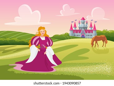 Beautiful princess with flowers vector illustration. Cartoon happy smiling princess or lady character holding flowers, walking in meadow landscape near royal castle house, fairytale story background