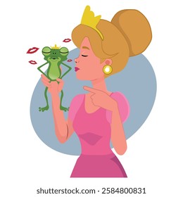 beautiful princess and frog, fairy tale of the frog trying to kiss princess. vector illustration.