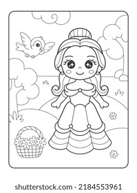 Beautiful princess in garden with cute bird printable coloring page