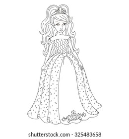 Beautiful princess, gentle princess in shining dress with spangles, vector illustration, coloring book page for children