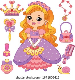 Beautiful princess girl with accessories.Royal beautiful princess girl .vector illustration on a white background.