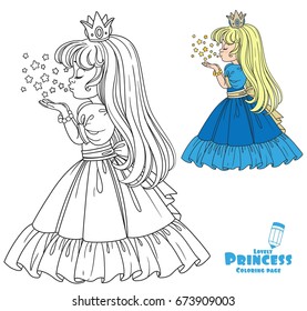 Beautiful princess girl blows off the magic shiny stars color and outlined picture for coloring book on white background