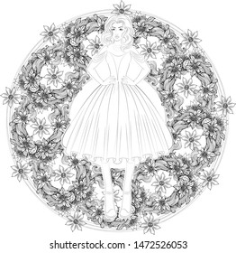 Beautiful princess girl with long curly hair in a magnificent dress. Coloring page. Coloring book for adults.