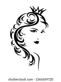 beautiful princess girl with long hair wearing royal crown - black and white vector queen portrait