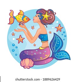 Beautiful princess with golden fish. Sweet mermaid in the sea. Funny fairy. Isolated image on white background. Cartoon illustration for children's print, sticker. Cute doll or toy. Wonderland. Vector