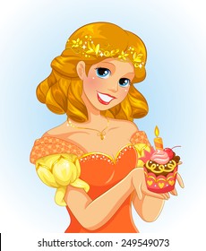 beautiful princess holding a birthday cupcake