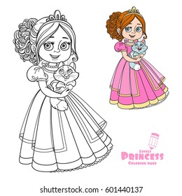 Beautiful princess holding kitten on hands color and outlined picture for coloring book on white background