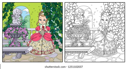Beautiful princess holding letter in cozy corner near garden marble vase with a statue of Cupid color and outlined for coloring