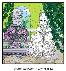 Beautiful princess holding letter in cozy corner near garden marble vase with a statue of Cupid page for coloring