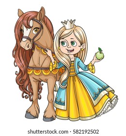 Beautiful princess with horse isolated on a white background