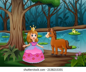 Beautiful princess and a horse in the jungle