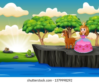 Beautiful princess with a horse standing on the cliff