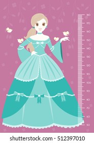 Beautiful princess keeping bird with meter wall or height meter from fifty to one hundred eighty centimeter,Vector illustrations