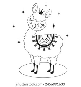 beautiful princess llama in crown on stars background, cute cartoon animal character, outline vector illustration