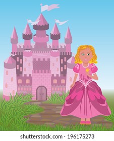 Beautiful princess and magic fairy tale castle, vector illustration