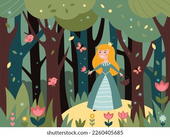 Beautiful princess in a magical forest. Woodland background. Fairy tale characters. Flat cartoon style. Vector illustration for children's book.