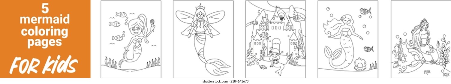 Beautiful princess mermaid Coloring Page, Vector outline for coloring page, Mermaid coloring page, Coloring book for children and adults with a mermaid.