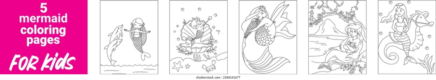Beautiful princess mermaid Coloring Page, Vector outline for coloring page, Mermaid coloring page, Coloring book for children and adults with a mermaid.