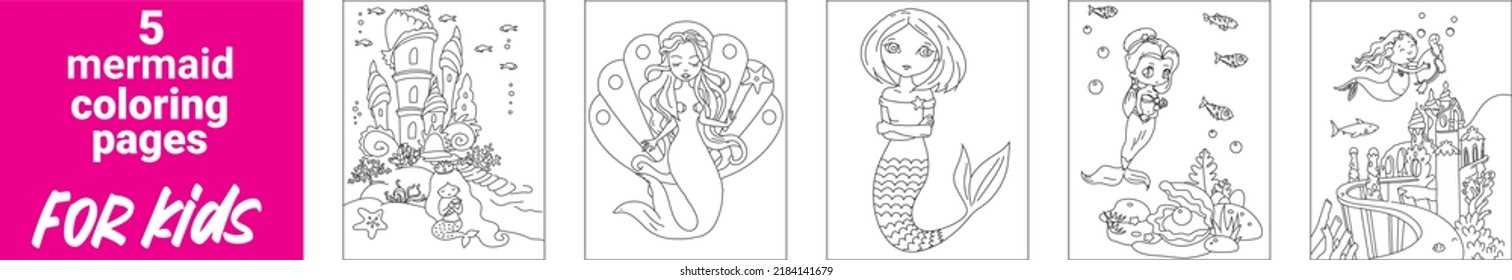 Beautiful princess mermaid Coloring Page, Vector outline for coloring page, Mermaid coloring page, Coloring book for children and adults with a mermaid.