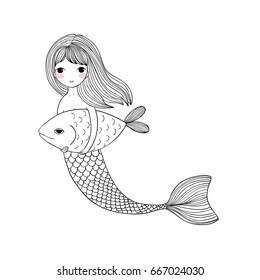 Beautiful Princess Mermaid and fish. Siren. Sea theme. vector illustration on a white background.