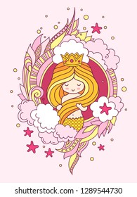 Beautiful princess mermaid with gorgeous golden hair. Little girl, surrounded doodle seaweed, clouds, starfish. Vector illustration for print, postcard, poster.