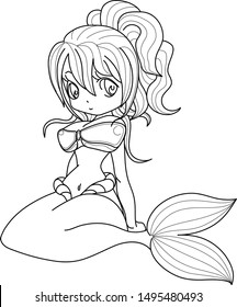 Beautiful princess mermaid line art for coloring  Vector cartoon magic young girl undersea illustration  fantastic creature isolated white background for coloring book 