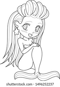 Beautiful princess mermaid line art for coloring  Kawaii anime chibi style  fantastic creature isolated white background for coloring book 