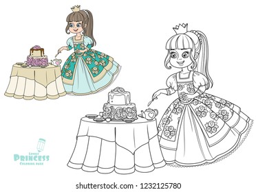Beautiful princess near the table with a delicious cake color and outlined picture for coloring book on white background