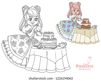 Beautiful princess near the table laid for tea drinking with a big delicious cake color and outlined for coloring book isolated on white background