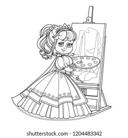 Beautiful princess with a palette, brush and easel outlined picture for coloring book on white background