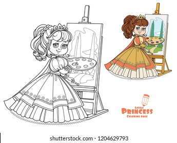 Beautiful princess with a palette, brush and easel color and outlined picture for coloring book on white background