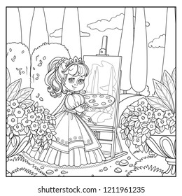 Beautiful princess with a palette, brush and easel draws in the park outlined picture for coloring book on white background