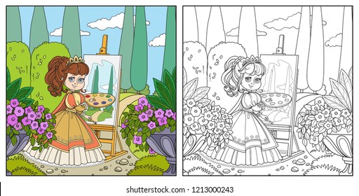 Beautiful princess with a palette, brush and easel draws in the park color and outlined picture for coloring book on white background