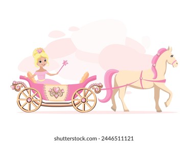 A beautiful princess in a pink carriage decorated with heart-shaped jewels and drawn by a white horse with a pink mane. Fairy tale vector illustration on abstract pink background.