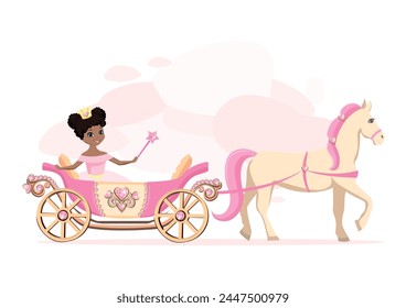 A beautiful princess in a pink carriage decorated with heart-shaped jewels and drawn by a white horse with a pink mane. Fairy tale vector illustration on abstract pink background.