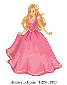 A beautiful Princess in a pink dress / ball gown on white background. Fairytale and romantic story. Isolated cartoon illustration for children. Vector. 