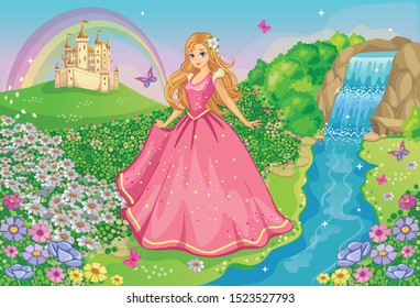 A beautiful Princess in a pink dress. Fairytale and romantic story. Fabulous background with flower meadow, castle, rainbow, waterfall and river. Wonderland. Cartoon illustration for children. Vector.