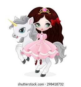 Beautiful princess with pink dress riding horse